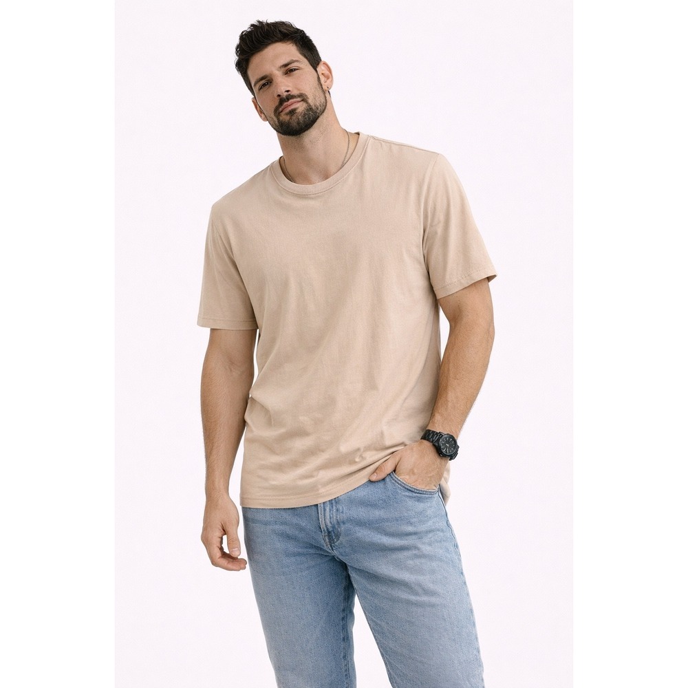 H&M Divided T-Shirt Men Size M Tan Beige Short Sleeve Crew Neck Minimalist Basic